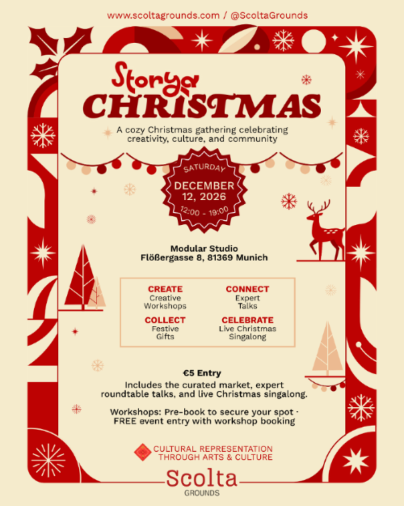 A festive event poster for 'Storrgy Christmas' by Scolta Grounds, featuring a cream background with red decorative borders, text details for a December 12, 2026 event in Munich, and holiday illustrations including a reindeer and snowflakes.