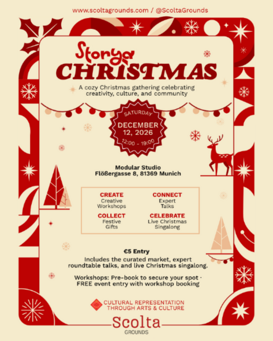 A festive event poster for 'Storrgy Christmas' by Scolta Grounds, featuring a cream background with red decorative borders, text details for a December 12, 2026 event in Munich, and holiday illustrations including a reindeer and snowflakes.