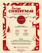 A festive event poster for 'Storrgy Christmas' by Scolta Grounds, featuring a cream background with red decorative borders, text details for a December 12, 2026 event in Munich, and holiday illustrations including a reindeer and snowflakes.